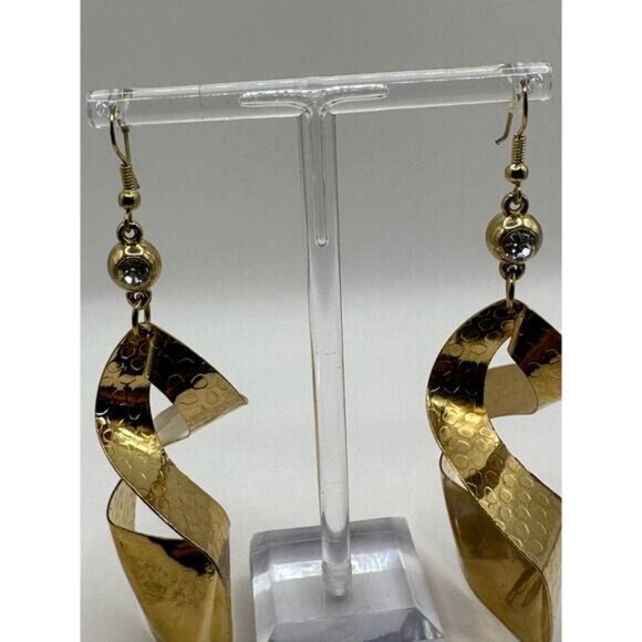 Gold-Tone Spiral Dangle Earrings With Textured Hammered Design - Picture 6 of 6